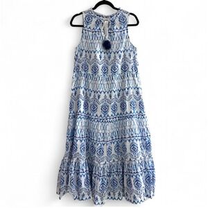 Tommy Bahama Blue White Tiered Ruffle Long Maxi Dress Resort Beach Sleeveless M‎